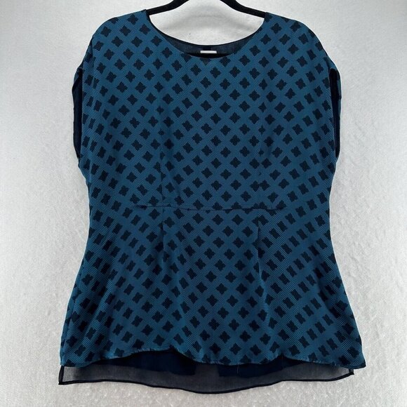 Cabi Blouse Size M Foulard Top Diamond Print Layered Peplum Slit Back Blue - Picture 1 of 10